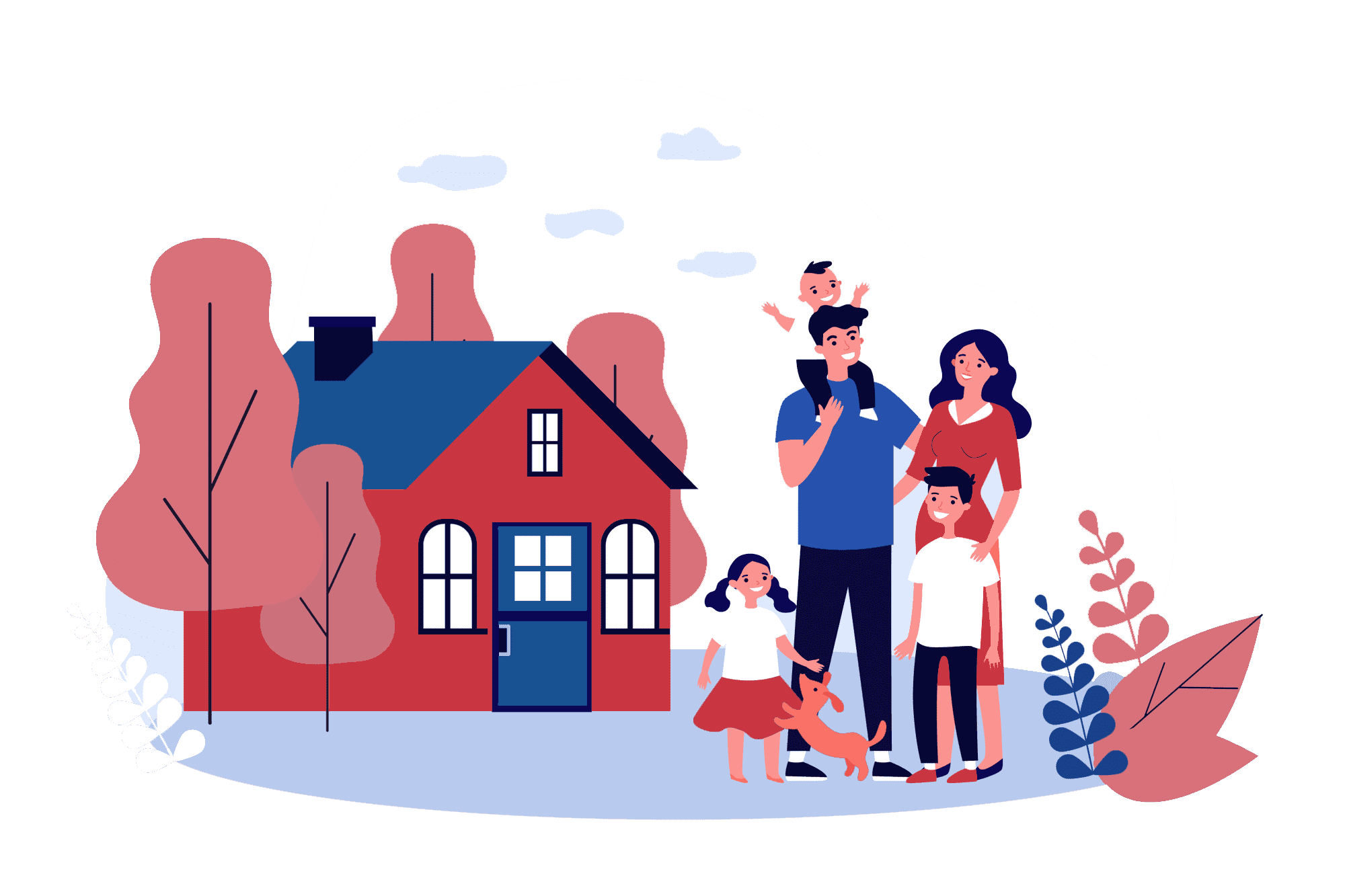 Family With Kids and Dog in Front of Home.